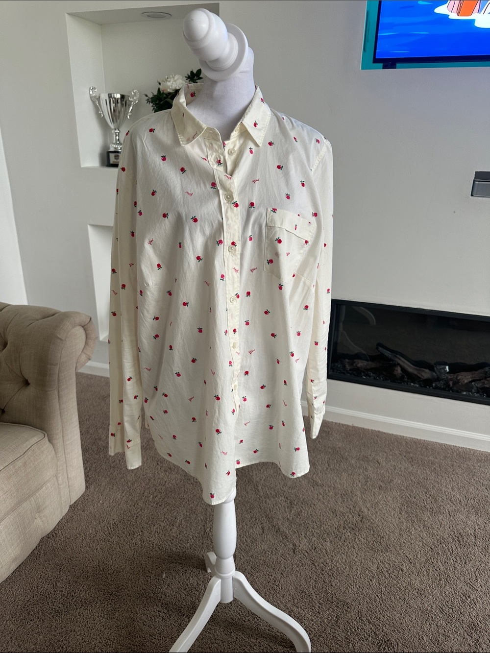 J. Crew Cream Button-Down Shirt with Red Cherry Print